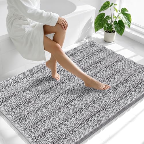 Smiry Thick Chenille Large Bathroom Runner Rugs 44x32, Soft Bath Mat, Grey | Quick‑Dry & Machine Washable, Non‑Slip Bath Carpet, Striped Bath Rugs for Tub & Shower, Modern Home Decor Accessories - color: Grey, size: 44" X 32"