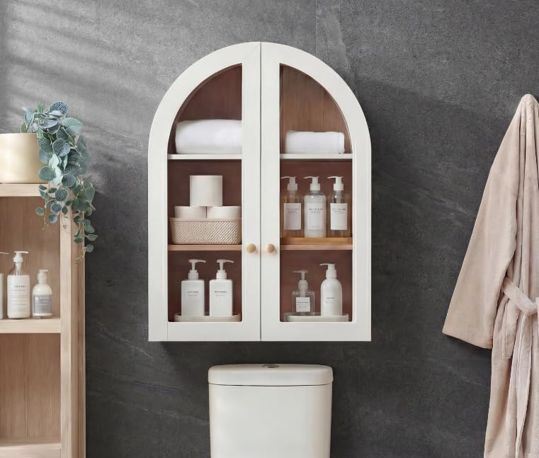 Bathroom Arched Wall Cabinet, 23.5'' Wide Medicine Cabinet, Bathroom Cabinet Wall Mount with Glass Doors & Adjustable Shelves, Over The Toilet Storage Cabinet for Laundry Room, Bedroom,Kitchen, White - color: White