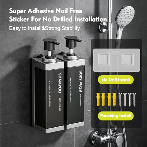 Wall Mounted Lockable Shampoo and Conditioner Dispenser | 17oz Large Pump Head No Drill Refillable ABS Plastic Bottle For Bathroom Shower Commercial Use Silver 2 Pack - color: Silver, size: 2