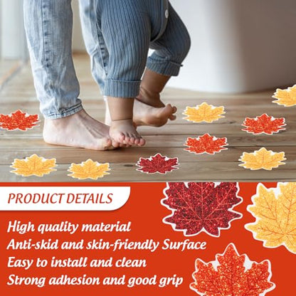 JarThenaAMCS 24 Pcs Fall Non Slip Bathtub Sticker with Scraper Maple Leaves Anti Slip Shower Tread Adhesive Shower Decal for Autumn Bathroom Floor Decoration