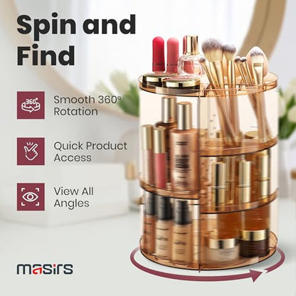 Masirs 360 Rotating Makeup Organizer Countertop, Adjustable Shelf, Brown | 360-Degree Rotating Makeup Organizer, Adjustable Shelf Height, Cosmetic Perfume Skincare Storage, Vanity Countertop, Brown - color: Brown