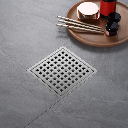 Shower Drain, Chrome 6 inch Square Shower Floor Drain with Flange, Silver Removeable Grid Panel SUS 304 Stainless Steel Square Shower Drain - color: Chrome, size: 6 inch