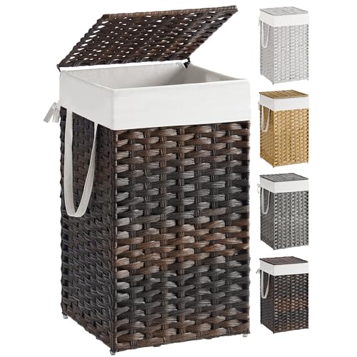SONGMICS Laundry Hamper with Lid, 17.2 Gallon (65 L) Synthetic Rattan Clothes Laundry Basket with Lid and Handles, Foldable, Removable Liner, Chestnut Brown ULCB165K01 - color: Chestnut Brown, size: 65 L