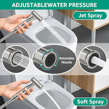 Handheld Bidet Sprayer for Toilet Brushed Nickel with Leakproof Hose | Stainless Steel Cloth Diaper Sprayer,Adjustable Water Pressure,Dual Mode Wall/Toilet Mount Jet Spray for Senior Wash - color: Brushed Nickel
