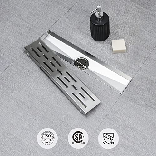 SaniteModar Linear Shower Drain 12 inch Brushed with Brick Pattern Grate | AISI 304 Stainless Steel Brushed Linear Dain Rectangle Shower Floor Drain with Hair Strainer and Leveling Feet - size: 12 Inch