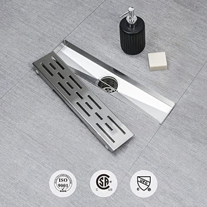 SaniteModar Linear Shower Drain 12 inch Brushed with Brick Pattern Grate | AISI 304 Stainless Steel Brushed Linear Dain Rectangle Shower Floor Drain with Hair Strainer and Leveling Feet - size: 12 Inch