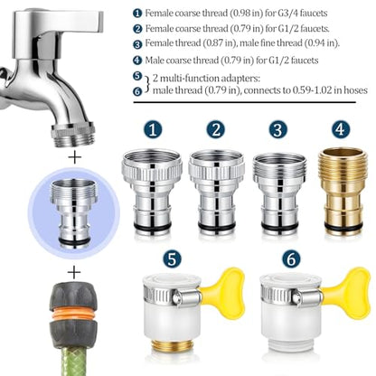 6 Pcs Faucet Tap Quick Connector Kit, 4 pcs Washing Machine Quick Connectors & 2 Universal Faucet Adapters for Portable Washer Thread Sink Adapter for Garden Hose, Dishwasher, Car Wash