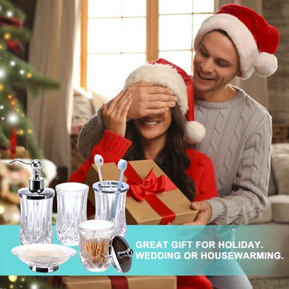 Clear Bathroom Accessories, Round Thick Glass & Metal Pump | Beautiful & weight, 5 pcs soap dispenser, toothbrush holder, soap dish, tumbler & jar, for mission/amish style - style: Round(Clear)