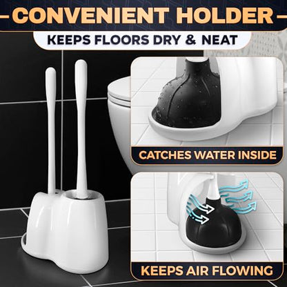 2 in 1 Toilet Plunger and Brush Set White, 9.3×6.3×15.2 in | Toilet Brush and Plunger Set White with Stiff Bristles, Strong Vacuum Suction and Holder, Easy to Place and Simple to Store - color: White With Plunger