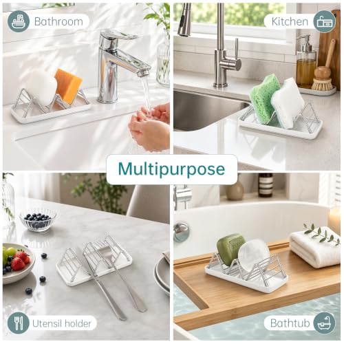 Stainless Steel Soap Dish Draining Soap Holder with Ceramic Tray, Silver | Reversible Design Fits 2-3 Bars, Rustproof, Easy to Clean, Space Saving, Non Slip, for Bathroom, Shower, Kitchen - color: Silver, size: 6.3" x 3.0"(with tray)