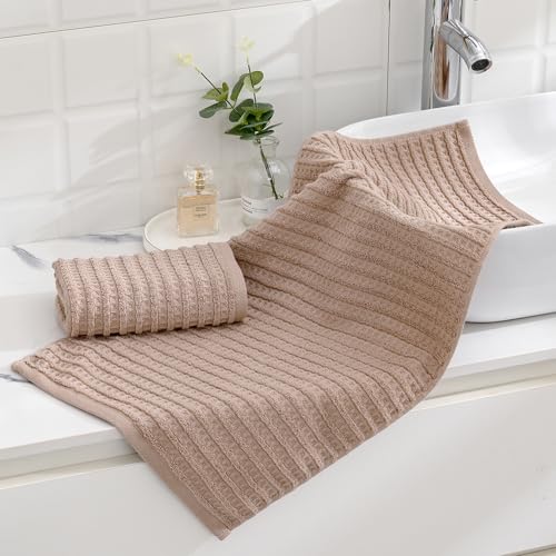 sense gnosis Brown Hand Towel Set of 2 Waffle with Terry Striped Pattern 100% Cotton Ultra Soft Absorbent Towels for Bathroom Kitchen Home 13 x 29 Inch - color: Brown