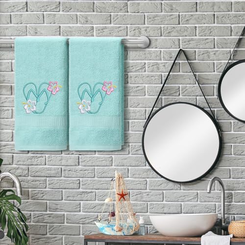 SmoothNovelty 2 Pcs Hand Towels Bathroom Decor 14x29 Inch Embroidered 100% Cotton Soft Absorbent Spring Summer Decorative Hand Towels for Bathroom Kitchen(Flip Flops,Mint Green) - style: Flip Flops