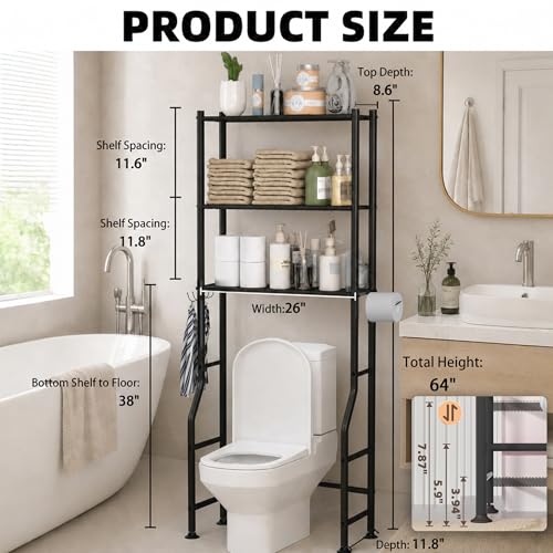 GloTika 3-Tier Over Toilet Storage, Anti-Tilt, 64" H, Black | Anti-Tilt Safety System, 150lb Capacity, Carbon Steel, Freestanding, No Drilling, Anti-Rust Coating, Paper Holder & 4 Hooks - color: Black, size: 3-Tier