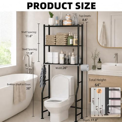 GloTika 3-Tier Over Toilet Storage, Anti-Tilt, 64" H, Black | Anti-Tilt Safety System, 150lb Capacity, Carbon Steel, Freestanding, No Drilling, Anti-Rust Coating, Paper Holder & 4 Hooks - color: Black, size: 3-Tier