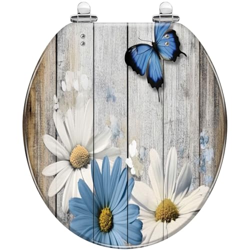 Round Resin Toilet Seat, Quietly Close Quick Release Hinges Cover | Toilet Lid Cover Easy to Clean and Install, Flower Shower Daisy Wild Rustic Floral Blue Daisies Heavy Duty Toilet Seat - color: pattern9, size: O-shape