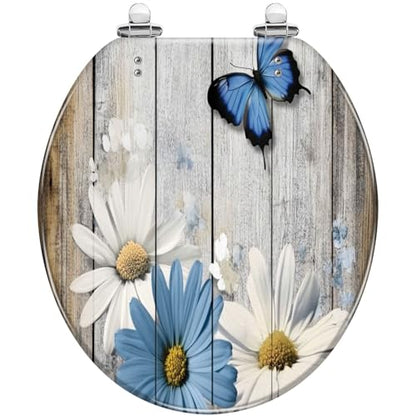 Round Resin Toilet Seat, Quietly Close Quick Release Hinges Cover | Toilet Lid Cover Easy to Clean and Install, Flower Shower Daisy Wild Rustic Floral Blue Daisies Heavy Duty Toilet Seat - color: pattern9, size: O-shape