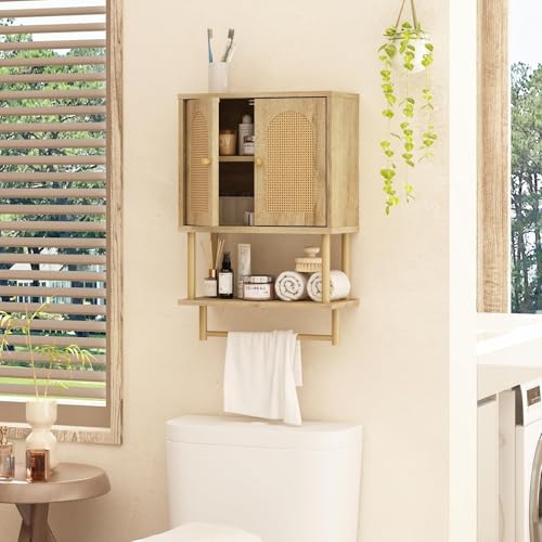 RUSTOWN Rattan Bathroom Wall Cabinet, Modern Boho Medicine Cabinets, Small | 2 Arched Rattan Doors, Adjustable Shelf, Towel Bar Rack, Over The Toilet Storage Cabinet for Bathroom, Living Room, Kitchen - size: Small