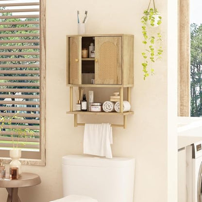 RUSTOWN Rattan Bathroom Wall Cabinet, Modern Boho Medicine Cabinets, Small | 2 Arched Rattan Doors, Adjustable Shelf, Towel Bar Rack, Over The Toilet Storage Cabinet for Bathroom, Living Room, Kitchen - size: Small