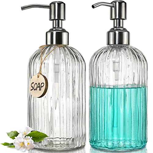 JASAI 2PACK 18 Oz Glass Soap Dispenser with Rust Proof Stainless Steel Pump, Refillable Hand Soap Dispenser with Vertical Stripe, Premium Bathroom soap Dispenser for Kitchen & Bathroom (Pack of 24) - color: Clear-2p, size: 48 Pack
