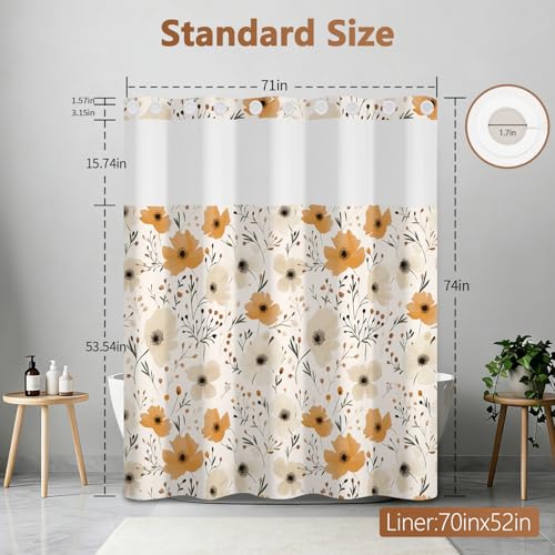 No Hook Shower Curtain with Snap in Liner, Double Layers Waterproof Bathroom Shower Curtain Sets with See Through Window and Weighted Hem, Floral Bath Curtain for Bathroom and Hotel, 71" W x 74" L - color: Beige Flowers