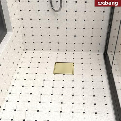 6 Inch Square Shower Drain Gold Floor Drain with Flange Reversible 2-in-1 Cover Tile Insert Grate Removable SUS304 Stainless Steel CUPC Certified Brushed Gold - color: Brushed Gold, size: 6 Inch