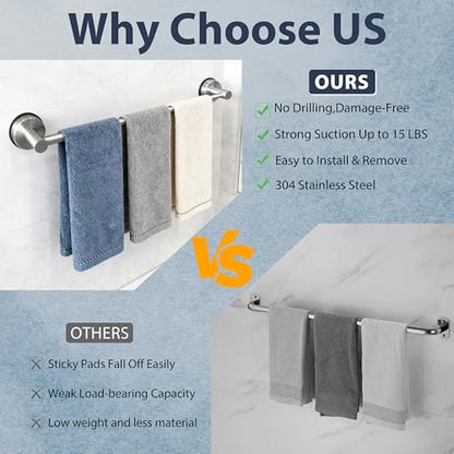 Towel Racks for Bathroom Suction Cup Towel Bar 14.6-24in Adjustable | No Drill Bathroom Towel Holder, Stainless Steel Construction, Heavy Duty Wall Mounted (silver) - color: Silver