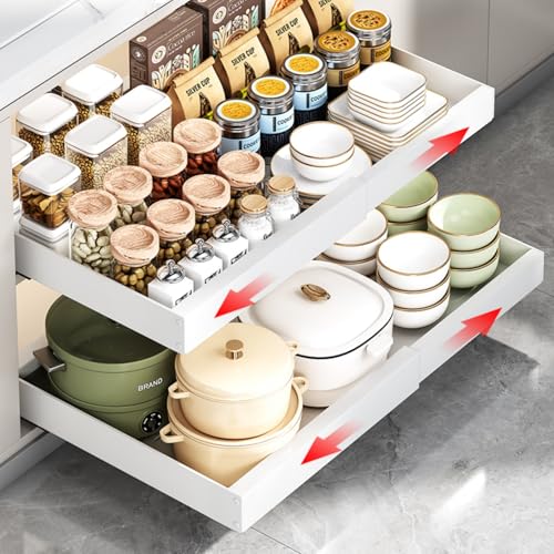 1PCS Expandable Pull Out Cabinet Organizer pots and pans organizer under cabinet Upgrade 3 Slide Rails Slide Out Drawers Roll Out Shelves Adhesive,Adjustable Width - size: (1pcs)16.54"D x 12.6~20.5"W x 2.76"H