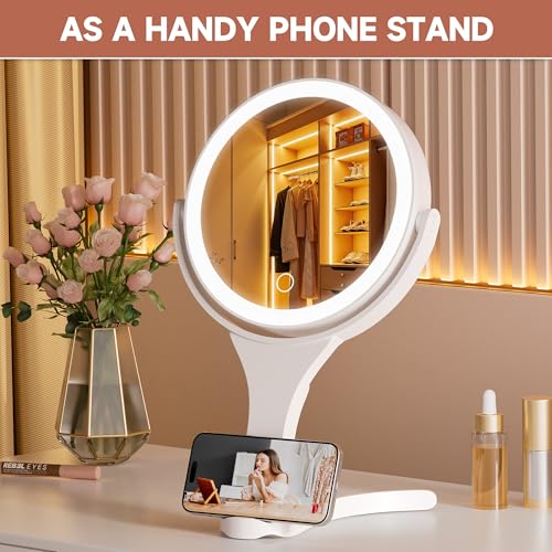 Hasipu Makeup Mirror with Lights 2000mAh Rechargeable Travel Mirror | 1X/10X Magnifying, Phone Stand Design, Rechargeable, 360° Rotatable, 3 Color Dimmable, Tabletop, Handhold, Hanging, White - color: White