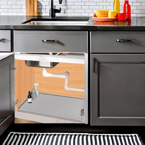 Under Sink Mat 31 x19, Silicone Under Sink Liner for Kitchen Waterproof Bathroom Cabinet Mat, Light Grey - color: Light Grey, size: 19"W x 31"L