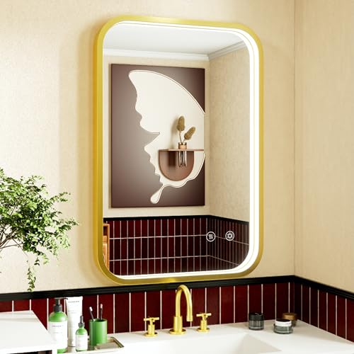 16x24 Inch Gold LED Bathroom Mirror with 3000K/4500K/6000K Lights | Stepless Dimmable, Memory Funtion, Anti-Fog, Aluminum Frame Wall Mounted Lighted Vanity Mirror, ETL Listed, IP54 Waterproof - color: Gold, size: 16"L x 24"W
