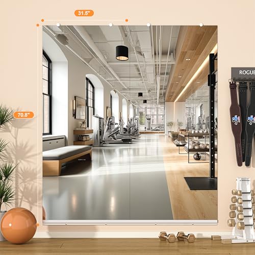 Hasipu Home Gym Mirror, 71"x32" Each, 2-Pack Frameless Wall Mounted Mirrors with Glass Clamps & 2 Aluminum Rail, Large Body Mirror for Home Gym, Yoga Studio, Bedroom, Silver Tempered Glass - size: 71"x32" - 2PCS