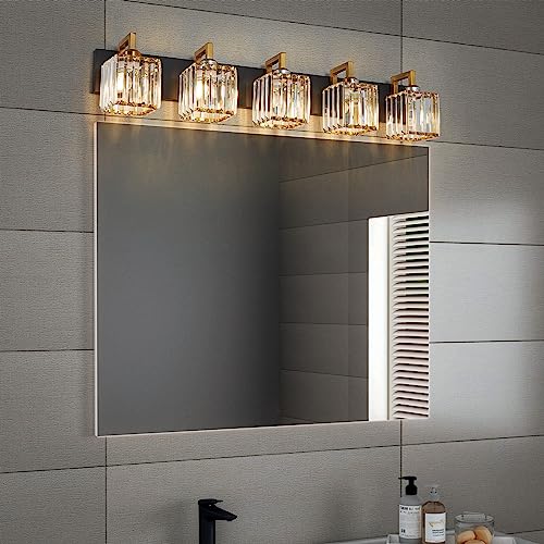 Modern Bathroom Vanity Light 5-Lights Black Gold Crystal Wall Lamp Bathroom Modern Crystal Vanity Lighting - color: Black+Gold Crooked, size: 5-light