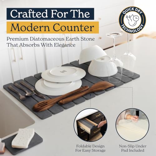 Oleex 3-Pack Stone Dish Drying Mat Set Includes 1 Large 24”x16” & 2 Small 4”x9” for Kitchen Counter-Collapsible Diatomaceous Earth Pad Absorbs Water & Dries Dishes Fast, Non-slip, Odor-Resistant Mats - color: Dark Gray