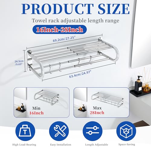 Alise Adjustable 16-28 Inches Double Towel Rack for Bathroom,Chrome | Wall Mount Double Towel Racks,SUS304 Stainless Steel Towel Holder,Retractable Towel Shelf with 2 Towel Bars 4 Movable Hooks