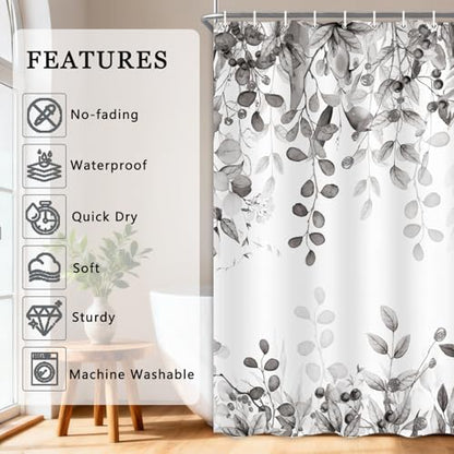 Extra Long Gray Eucalyptus Shower Curtain 72X84 Inch, Black and White Watercolor Plants Leaves Bathroom Curtains, Botanical Foliage Waterproof Fabric Cloth Shower Curtain Set with Hooks - color: Black, size: 72"W x 84"L (Pack of 1)