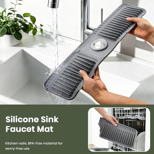 24 Inch Faucet Mat for Kitchen Sink, Silicone Splash Guard for Kitchen Sink Area, 7° Slope Fast Self-Draining Sink Mat, Cuttable Hole Design, Sink Backsplash Guard Draining Mat, Dark Grey - color: Dark Grey