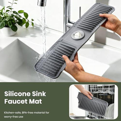 24 Inch Faucet Mat for Kitchen Sink, Silicone Splash Guard for Kitchen Sink Area, 7° Slope Fast Self-Draining Sink Mat, Cuttable Hole Design, Sink Backsplash Guard Draining Mat, Dark Grey - color: Dark Grey