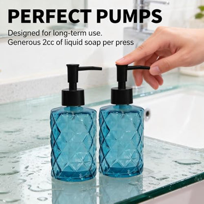 12oz Blue Glass Hand and Dish Soap Dispenser Set, Diamond Design, Set of 2 | Bathroom Soap Dispenser with Plastic Pumps, Bamboo Tray for Hand Wash & Dish Wash, for Bathroom Kitchen Countertop - color: Blue