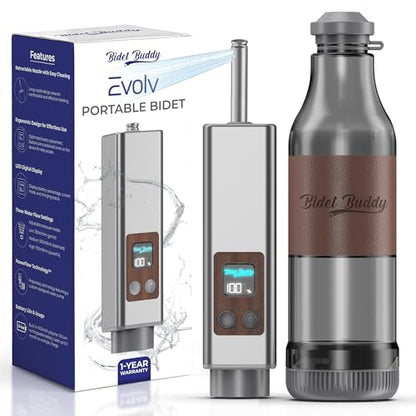 BIDET BUDDY® Evolv Portable Travel Bidet for Men & Women, 530mL - Silver | Self-Cleaning Retractable Nozzle, 1100mAh Rechargeable, USB-C Charging, IPX7 Waterproof with LED Display, 3 Water Flow Modes