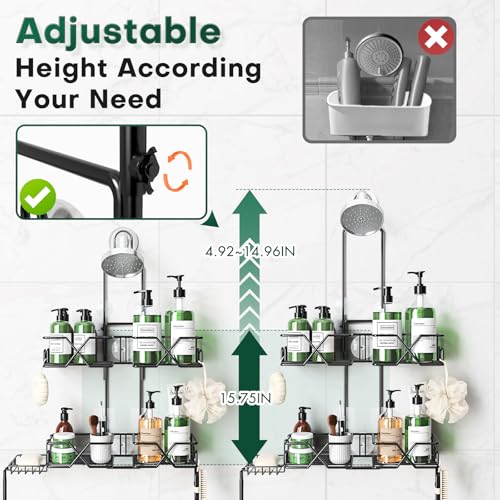 Sewulidon Stainless Steel Hanging Shower Caddy for Handheld Shower Heads,Adjustable Height Extra Long Bathroom Shower Organizer Hanger Rack with Hooks,Soap Holder - color: Black