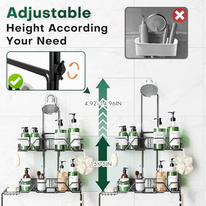 Sewulidon Stainless Steel Hanging Shower Caddy for Handheld Shower Heads,Adjustable Height Extra Long Bathroom Shower Organizer Hanger Rack with Hooks,Soap Holder - color: Black