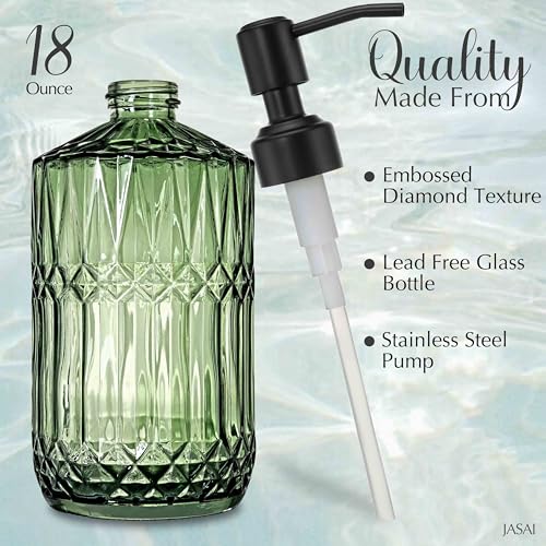 JASAI 18 Oz Blue Soap Dispenser with Black Rust Proof Pump | Refillable Kitchen soap Dispenser with Thick Glass, Soap Dispenser Bathroom for Hand soap, Dish Soap, Lotion, Liquid Soap - color: Green-black Pump, size: 1Pack