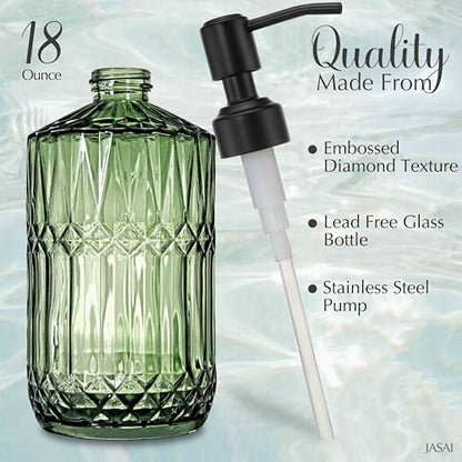 JASAI 18 Oz Blue Soap Dispenser with Black Rust Proof Pump | Refillable Kitchen soap Dispenser with Thick Glass, Soap Dispenser Bathroom for Hand soap, Dish Soap, Lotion, Liquid Soap - color: Green-black Pump, size: 1Pack