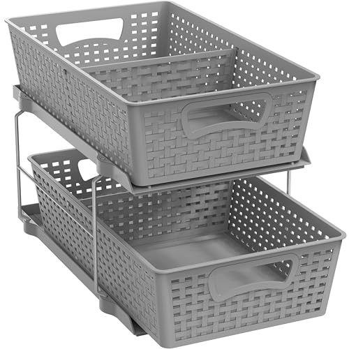 Simple Houseware 2 Tier Pull-Out Sliding Drawer Under Sink Storage, Gray | Great for Kitchen Bathroom Tray Shelf Organizer - color: Gray