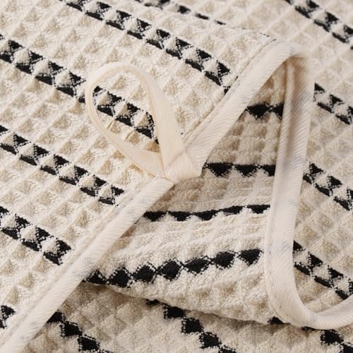 POLYTE 430 GSM Poly Blend Microfiber Quick Dry Waffle Hand Towel, 16x30 in | 4 Pack, Oversize, Lint Free, Quick Dry, Hanging Loop - color: Light Beige/Black