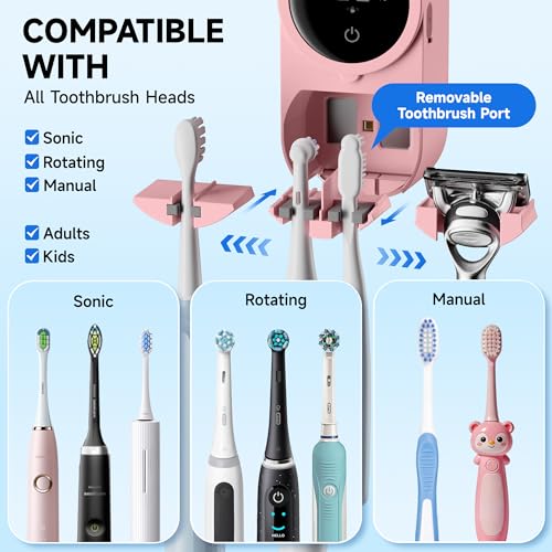 Wall-Mounted Toothbrush Holder for Bathroom, Proximity Sensor Toothbrush Cleaner, Compatible with Most Toothbrush Models, LED Smart Screen, Heating Film Drying, Rechargeable (03Pink)