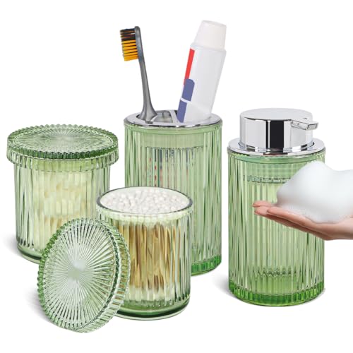 4pcs Glass Bathroom Accessories Set, Foaming Soap Dispenser, Toothbrush Holder and Cotton Swab Jar for Bathroom Counter Organizer Essentials, Vintage Ribbed Bathroom Decor, Green - color: Green and Silver