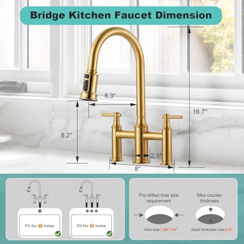 Bridge Kitchen Faucet Brushed Gold: 3 Holes Brass Bridge Faucet with Pull Down Sprayer - Two Handles 8 Inch Centerset Kitchen Sink Faucet, 360° Swivel Spout - color: Brushed Gold