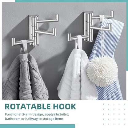 Foldable Wall Hooks with 3 Swivel Arms, 2 Pack, Polished Chrome | 304 Stainless Steel Swivel Towel Hooks, Heavy Duty 11 lbs, Bathroom, Kitchen Use, Space-saving Towel Storage, Wall Mounted - color: Polished Chrome, size: 2 Pack