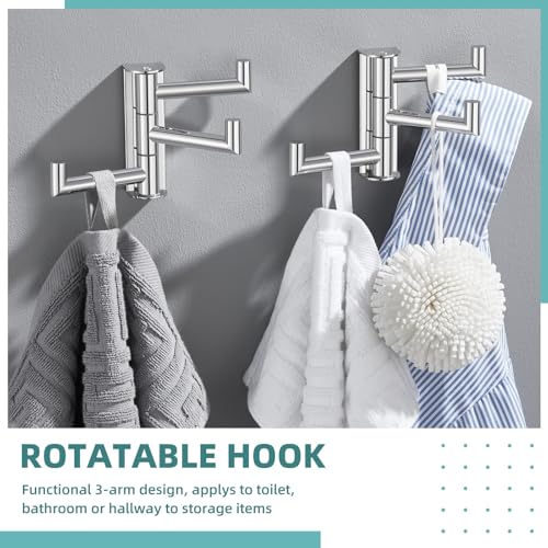 Foldable Wall Hooks with 3 Swivel Arms, 2 Pack, Polished Chrome | 304 Stainless Steel Swivel Towel Hooks, Heavy Duty 11 lbs, Bathroom, Kitchen Use, Space-saving Towel Storage, Wall Mounted - color: Polished Chrome, size: 2 Pack